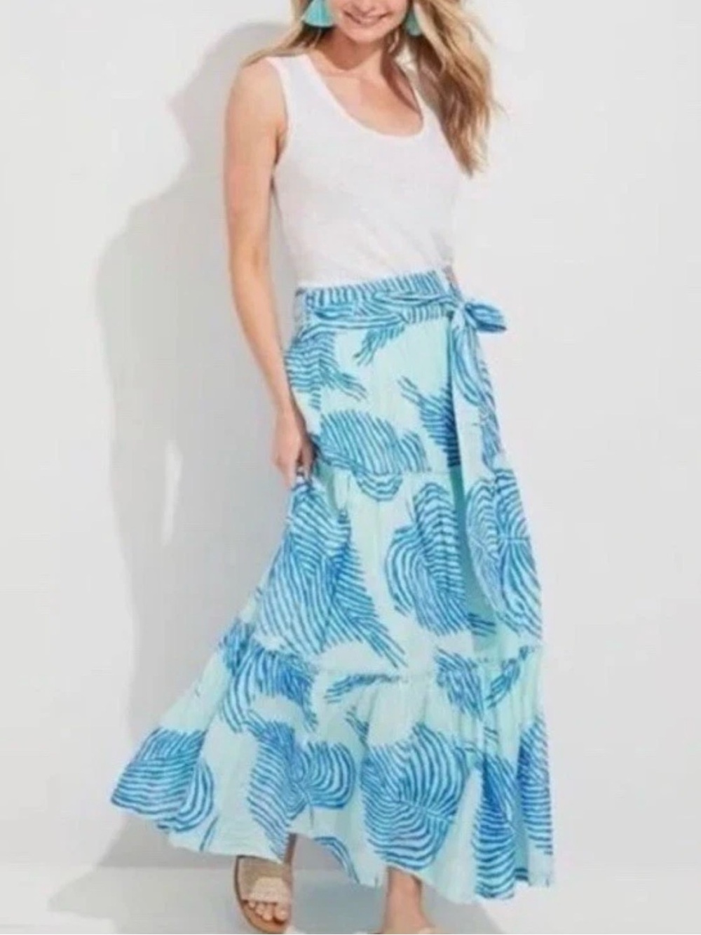 Vineyard Vines 100% Cotton Aqua Turquoise Maxi Skirt with Sapphire Palm Print